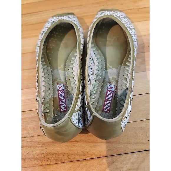 Women Pikolinos Ballet Mary Jane Sandals Gold Green Peep Toe Leather 6 Flats - Picture 5 of 8